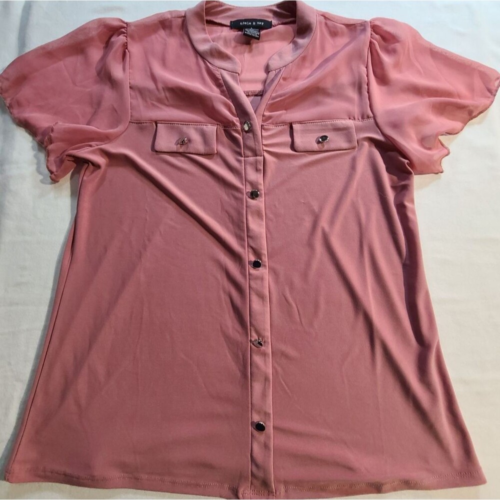 Adele & May Womens Large Pink Blouse Sheer Sleeve Button Front Top